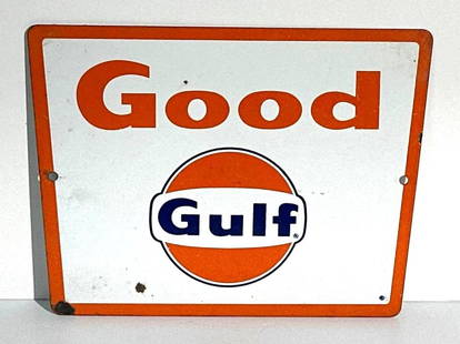 Good Gulf w/Logo Porcelain Pump Sign: rated 8.5, 8.5&#34;x11.5&#34;, the SSP diecut sign has good color and gloss, has chip along the bottom edge. This lot can be picked up in Tidioute, PA on September 18 - 22 or this lot can be taken bac