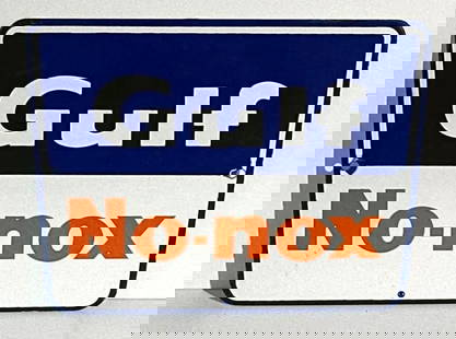 Gulf No-Nox Porcelain Pump Sign: rated 9, 8.5&#39;x11.5&#34;, the SSP diecut sign has excellent color and gloss, tiny chips at the mounting holes. This lot can be picked up in Tidioute, PA on September 18 - 22 or this lot can be take
