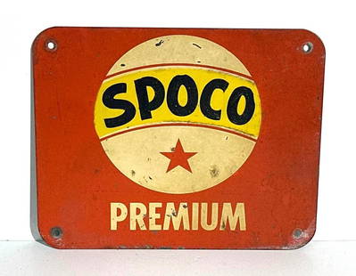 SPOCO Premium Metal Pump Sign: rated 7, 9&#34;x11&#34;, the SST sign has wear and fine scratches. This lot can be picked up in Tidioute, PA on September 18 - 22 or this lot can be taken back to our facility to be shipped.