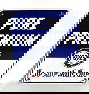 Pure Premium w/Logo Porcelain Pump Sign: rated 9, 12&#34;x10&#34;, the SSP sign has very good color and gloss, field is clean, light wear around the perimeter, marked I.R. dated 1954. This lot can be picked up in Tidioute, PA on September 18
