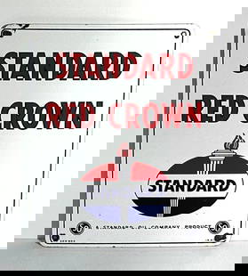 Standard Red Crown w/Logo Porcelain Pump Sign: rated 8.9, 15&#34;x12&#34;, the SSP sign has good color and gloss, has chips around the perimeter. This lot can be picked up in Tidioute, PA on September 18 - 22 or this lot can be taken back to our f