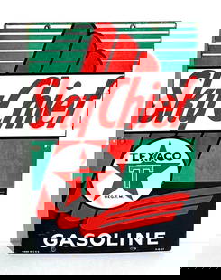 Texaco (white-T) Sky Chief Gasoline Porcelain Pump Sign: rated 8.75, 18&#34;x12&#34;, the SSP sign has good color not much gloss, was light wear, chips around the perimeter, dated 1947. This lot can be picked up in Tidioute, PA on September 18 - 22 or this