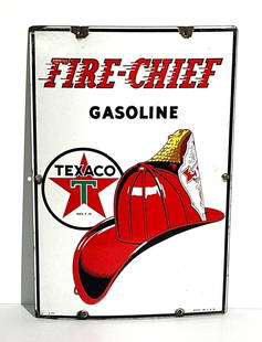 Texaco (white-T) Fire Chief Gasoline Porcelain Pump Sign: rated 8.9, 18&#34;x12&#34;, the SSP sign has very good color and gloss, field is clean, has chips at the mounting holes,dated 1940. This lot can be picked up in Tidioute, PA on September 18 - 22 or th
