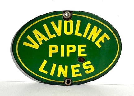 Rare Valvoline Pipe Lines Porcelain Sign: rated 7.5, 6.5&#34;x9.5&#34;, the SSP oval sign has good color, has chips in the field and at the mounting holes. This lot can be picked up in Tidioute, PA on September 18 - 22 or this lot can be take