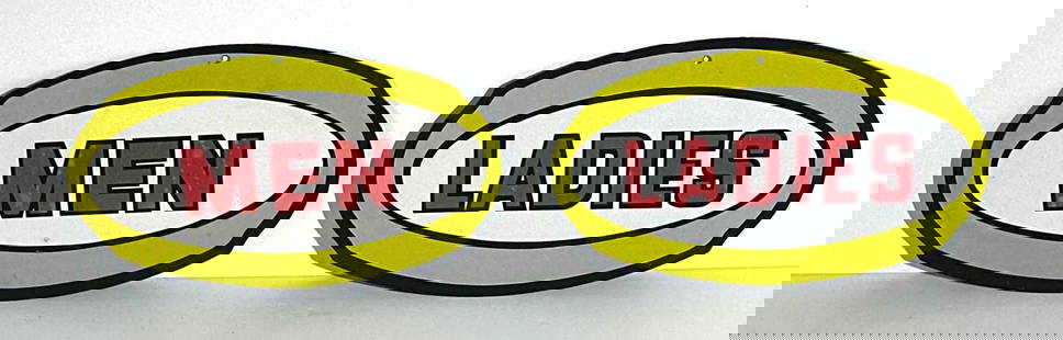 (Pennzoil) Men & Ladies Metal Restroom Signs: rated 8.5 &amp; 9, 5.75&#34;x9.75&#34;, the SST oval signs, Ladies has light wear, mens has a little more. This lot can be picked up in Tidioute, PA on September 18 - 22 or this lot can be taken back