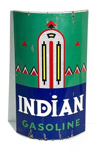 Indian Gasoline w/Logo Porcelain Pump Sign: rated 7.75, 18&#34;x12&#34;, the SSP curved sign has good color and gloss, has wear and chips in the field, dated 1940. This lot can be picked up in Tidioute, PA on September 18 - 22 or this lot can b