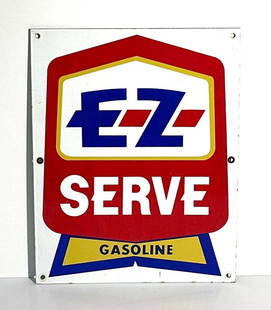 E-Z Serve Gasoline Porcelain Pump SIgn: rated 9.25, 18&#34;x14&#39;, the SSP sign has excellent color and gloss, field is clean, light wear around the perimeter. This lot can be picked up in Tidioute, PA on September 18 - 22 or this lot can