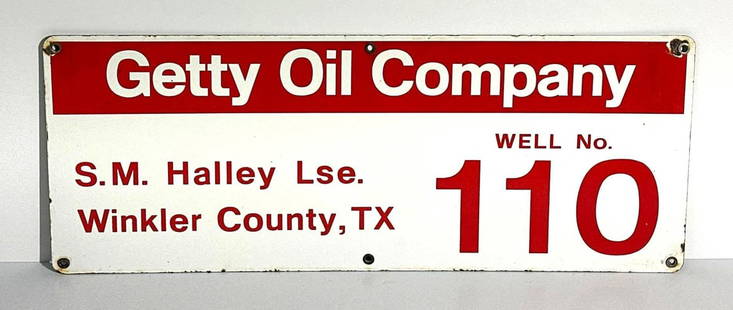 Getty Oil Company Porcelain Well Sign: rated 9, 10&#34;x26&#34;, the SSP sign has good color and gloss, field is clean, has tiny chips at the mounting holes. This lot can be picked up in Tidioute, PA on September 18 - 22 or this lot can be