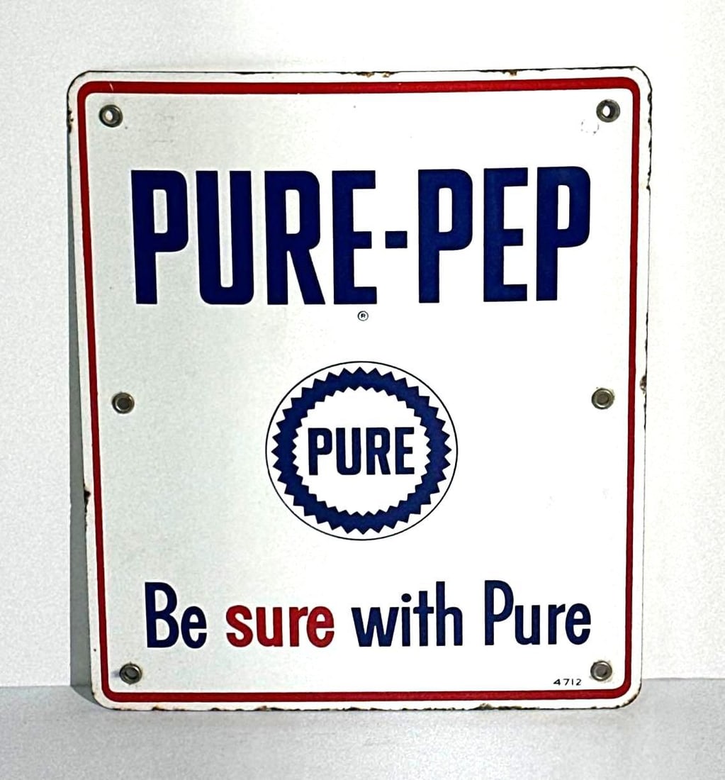 Pure-Pep w/Logo Porcelain Pump Sign: rated 9, 12"x10", the SSP sign has excellent color and gloss, field is clean, has tiny chips around the perimeter. This lot can be picked up in Tidioute, PA on September 18 - 22 or this lot ca