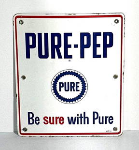 Pure-Pep w/Logo Porcelain Pump Sign: rated 9, 12&#34;x10&#34;, the SSP sign has excellent color and gloss, field is clean, has tiny chips around the perimeter. This lot can be picked up in Tidioute, PA on September 18 - 22 or this lot ca