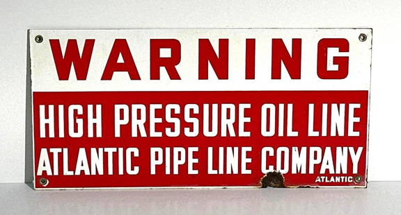 Atlantic Pipe Line Warning Porcelain Sign: rated 8.5, 9&#34;x18&#34;, the SSP sign has excellent color and gloss, field is clean, has large chip at the bottom edge. This lot can be picked up in Tidioute, PA on September 18 - 22 or this lot can