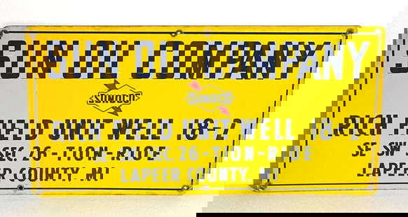 Sunoco Sun Oil Company Porcelain Well Sign: rated 9&#43;, 12&#34;x24&#34;, the SSP sign has excellent color and gloss, field is clean, has wear around the perimeter. This lot can be picked up in Tidioute, PA on September 18 - 22 or this lot can