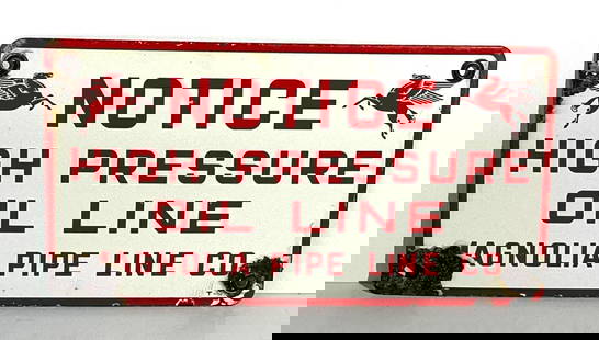 Magnolia w/Pegasus Porcelain Pipe Line Sign: rated 7.25, 8&#34;x15&#34;, the SSP sign has light rust staining, large chips at the corners. This lot can be picked up in Tidioute, PA on September 18 - 22 or this lot can be taken back to our facili