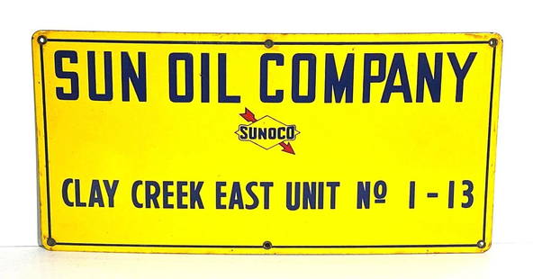 Sunoco Sun Oil Company Porcelain Well Sign: rated 9&#43;, 12&#34;x24&#34;,the SSP sign has excellent color and gloss, field is clean, wear around the perimeter. This lot can be picked up in Tidioute, PA on September 18 - 22 or this lot can be t