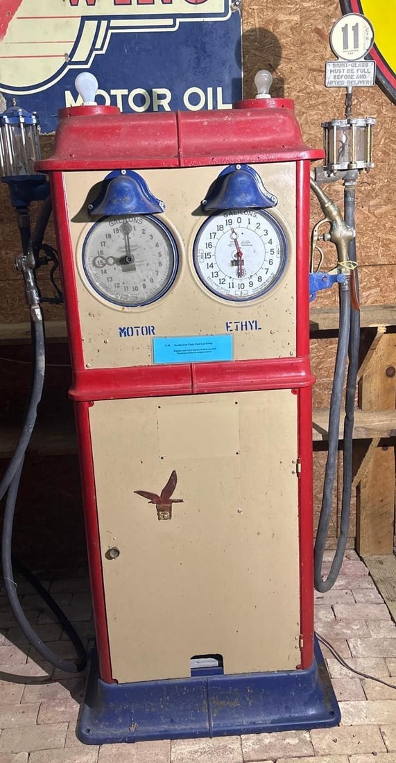 Rare Erie Model #? Double Clock Face Gas Pump: old repaint, 80"T., the metal is straight and pitted, has two clock faces on the front, none in back, one face is Sharpsville & other is G&B, has two different spinner gauges, one with pri