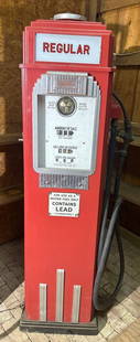 Tokheim Model 36-B Computing Gas Pump: old repaint, 75"T., the pump looks to be pretty complete, has name badge, faces and bezels, chrome strips have been repainted, has black hose and brass nozzle, has it's pump. This Lot must be