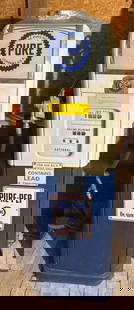 National A-38 Computing Gas Pump w/Pure Ad Glass: old repaint, 72&#34;T., the Pure ad glass are original and in good condition, skins are straight with some pitting, has pump, comes with black hose and nozzle, also has globe mount at top. This Lot mu