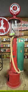 Guarantee Fry Model #117 Ten Gallon Visible Gas Pump: old repaint, metal is pitted, has pump and handle, glass cylinder is good, comes with reproduction Marathon globe, has original brass gate valve, white hose and brass nozzle, selector is stuck, door