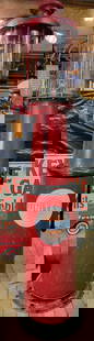 Ten Gallon Visible "Pipe Organ" Gas Pump: old repaint, 118&#34;T., the metal is straight but is pitted, has pump and handle, all is free and works good, has glass cylinder has one &#34;BB&#34; hit, no cracks. This Lot must be picked up in Tid