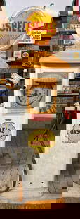 Sharmeter Model #513 Clock Face Gas Pump: old repaint, 70"T., metal is straight, has name plate, has it's pump, comes with spinner gauge, black hose & brass nozzle, also a reproduction Shell globe. This Lot must be picked up in