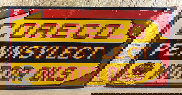 Large Coreco Pennsylect Motor Oil Porcelain Sign: rated 8, 33"x72", the DSP sign display has good color and gloss, has a few chips in the field, more around the outer field and perimeter, has one nail hole in field, someone has put a metal