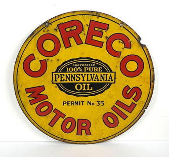 Coreco Motor Oil Permit No. 35 Porcelain Sign: rated 6 & 7, 23.5"D., the DSP sign has good color and some gloss on the display, has wear, crazing and small chips, reverse has more with rust staining. This lot can be picked up in Tidioute,