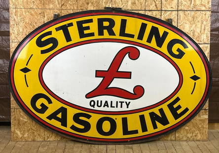 Large Sterling Gasoline w/Logo Porcelain Identification Sign: rated 8.5, 64"x96', the DSP oval sign has good color and gloss, has small chips on both sides, has light wear, has it's original ring. This Lot must be picked up in Tidioute, PA on