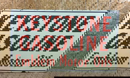 Rare Large Keystone Gasoline Emblem Motor Oil Porcelain Sign: rated 9, 42"x72", the SSP sign has excellent color and gloss, the field is clean, has chips around the perimeter. We have never seen this sign before, one of my favorites in the auction. This