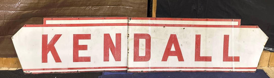 Large 2-Piece Kendall Porcelain Sign: rated 7, 26&#34;x120&#34;, the 2-piece SSP diecut sign has wear and is faded. This Lot must be picked up in Tidioute, PA on September 18 - 22.
