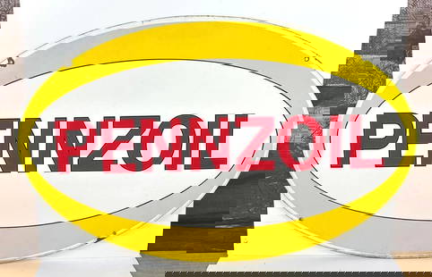 Rare Size Pennzoil Porcelain Sign: rated 8.75, 28.25"x44.25", the DSP oval sign has very good color and gloss, has tiny chips in the fields, some soiling around the perimeter. This lot can be picked up in Tidioute, PA on