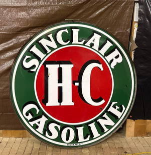 Large Sinclair H-C Gasoline Porcelain Identification Sign w/Ring: rated 7.5 & 8, 72"D., the DSP sign has good color and gloss, display has small chips and wear, reverse has more chips that are touched up, comes with it's original ring. This Lot must be p
