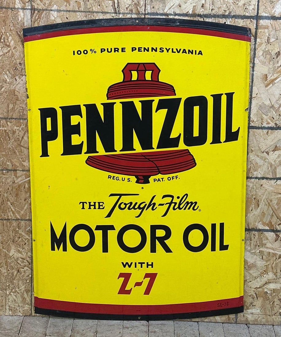 Pennzoil Motor OIl w/Z-7 Metal Sgin: rated 8.75, 47.5"x33", the SST self-framed sign has excellent color and shine, has a few small spots, wear around the perimeter, marked A-M, dated 1961. This lot can be picked up in Tidioute, 