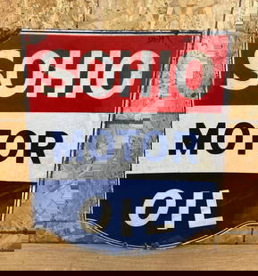 Sohio Motor Oil Porcelain SIgn: rated 7.5 &amp; 6, 30&#34;x24.5&#34;, the DSP diecut sign has good color and some gloss, has minor rust staining, has chips around the perimeter, has metal loss at top edge. This lot can be picked up