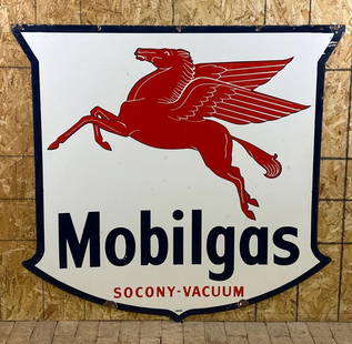 Mobilgas w/Pegasus Porcelain Sign: rated 8.75 &amp; 8.25, 56&#34;x58.5&#34;, the DSP shield-shaped sign has excellent color and gloss, display has a few small chips, reverse has more with scuffs, marked I.R., dated 1951. This Lot must