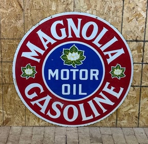 Magnolia Motor Oil w/Three Flower Logo Porcelain Sign
