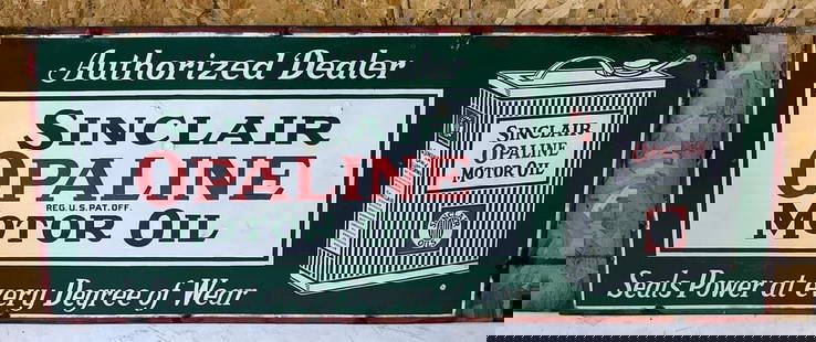 Sinclair Opaline Motor Oil w/Flat Can Porcelain Sign: rated 7.75, 20"x48", the SSP sign has good color, has some gloss, has touch up chips in the field, chips at mounting hole and around the perimeter. This lot can be picked up in Tidioute, PA on