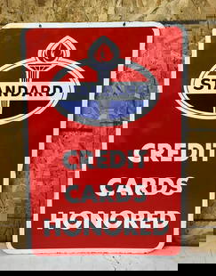 Standard Credit Cards Honored w/Logo Porcelain Sign: rated 8.9, 36&#34;x24&#34;, the DSP sign has excellent color and gloss, a few tiny chips in the field. This lot can be picked up in Tidioute, PA on September 18 - 22 or this lot can be taken back to o
