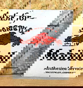 Ask for Gargoyle Mobiloil Authorized Service Porcelain Sign (TAC): rated 8.75, 24&#34;x19.5&#34;, the SSP sign has good color gloss, has nickle size chip in the upper field. This lot can be picked up in Tidioute, PA on September 18 - 22 or this lot can be taken back