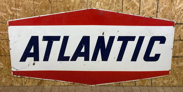 Large Atlantic (gasoline) Porcelain Identification Sign: rated 7, 39.5&#34;x77.5&#34;, the DSP diecut sign has good color and gloss, has large touched up chips on both sides. This Lot must be picked up in Tidioute, PA on September 18 - 22.