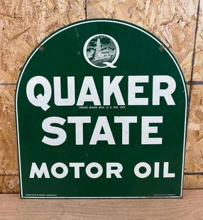 Quaker State Motor Oil Metal Sign: rated 8.5, 28&#34;x26&#34;, the DST tombstone shaped sign has good color and shine, has light wear and a few fine scratches, marked Donasco. This lot can be picked up in Tidioute, PA on September 18 -