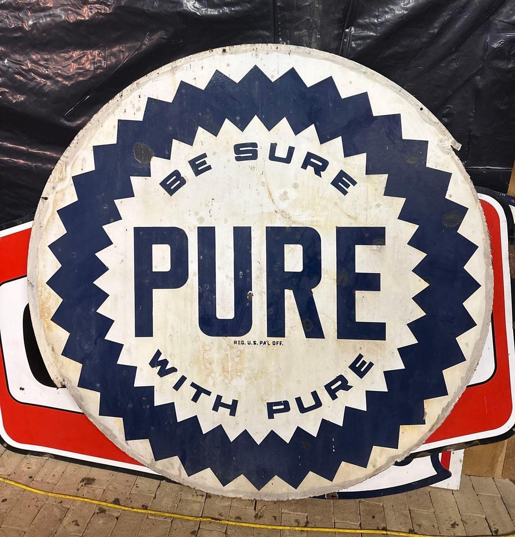 Pure w/Sawtooth Logo Porcelain Identification Sign: rated 6.5, 72"D., the DSP sign has touched up chips, wear, scratches and from 3 to 9 o'clock are two inches of the sign has been cut away. This Lot must be picked up in Tidioute, PA on Septemb