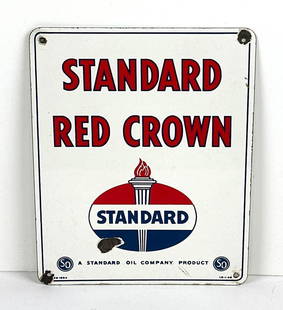 Standard Red Crown w/Logo Porcelain Pump Sign: rated 8.25, 15&#34;x12&#34;, the SSP sign has excellent color and gloss, has dime size chip in the lower field, marked I.R. This lot can be picked up in Tidioute, PA on September 18 - 22 or this lot c