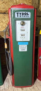 Tokheim Model #39 Computing Gas Pump: old repaint, 76&#34;T., he metal is straight but paint has rust spots, has pump, faces are clean, has Flying A and Tydol ad glass, comes with new black hose and brass nozzle. This Lot must be picked u