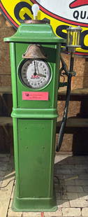 Erie Model #3763 Clock Face Gas Pump: old repaint, 74&#34;T., the metal is straight is pitted, both faces are in good condition, missing the glass, no pump, has spinner gauge, black hose and nozzle. This Lot must be picked up in Tidioute,