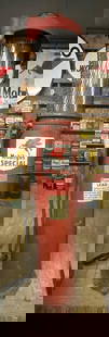 Tokheim Model #? Ten Gallon Visible Gas Pump: old repaint, 118&#34;T., the metal is straight, has it&#39;s access door, pump and handle, glass cylinder is good. has spinner gauge, black hose and brass nozzle. This Lot must be picked up in Tidiout