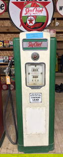 Wayne Model #70 Computing Gas Pump: old repaint, 74&#34;T., has pump, metal is straight, has (Texaco) Sky Chief ad glass and Reproduction globe, comes with black hose and nozzle. This Lot must be picked up in Tidioute, PA on September 1
