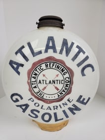 Atlantic Polarine Gasoline One Piece Etched Chimney Cap Gas Pump Globe