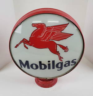 Mobilgas 15" Metal Body Gas Pump Globe: Single lens with minor wear in an original low profile metal frame which has tape painted red around base, cardboard blank on reverse. This lot can be picked up in Tidioute, PA on September 18 - 22 or