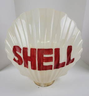 Shell One Piece Gas Pump Globe: Brush painted repainted letters, one small base chip. This lot can be picked up in Tidioute, PA on September 18 - 22 or this lot can be taken back to our facility to be shipped.