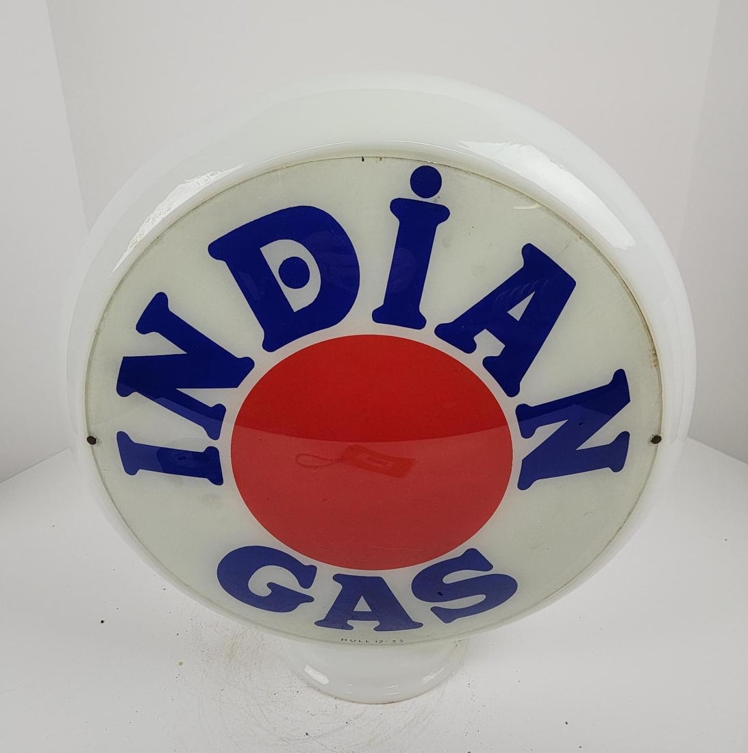 Indian Gas 13.5" Glass Body Gas Pump Globe: Two lenses each with slight edge wear in a good narrow glass frame, one lens is marked "Hull 12-35" at bottom center and the other is not. This lot can be picked up in Tidioute, PA on Septembe